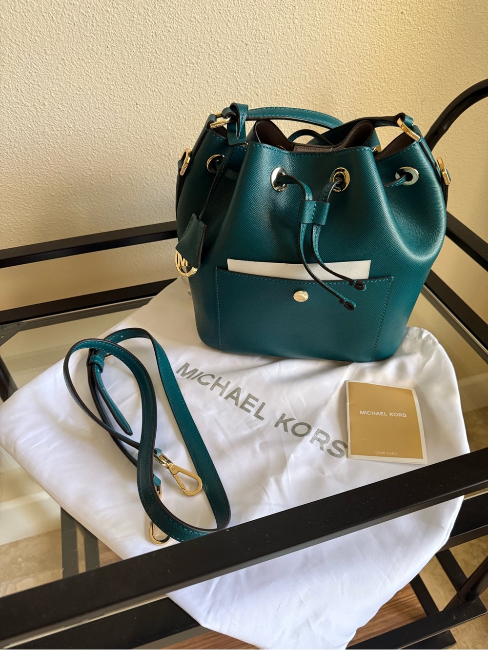 Michael Kors Teal Saffiano Leather Drawstring Bucket Shoulder Bag